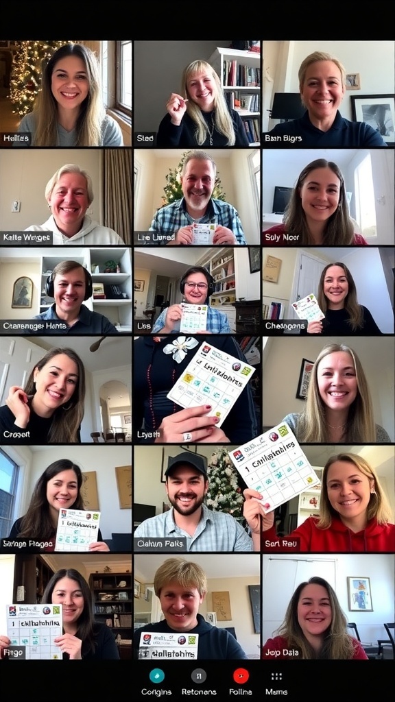 Participants on a Zoom call playing Christmas games with decorations in the background.